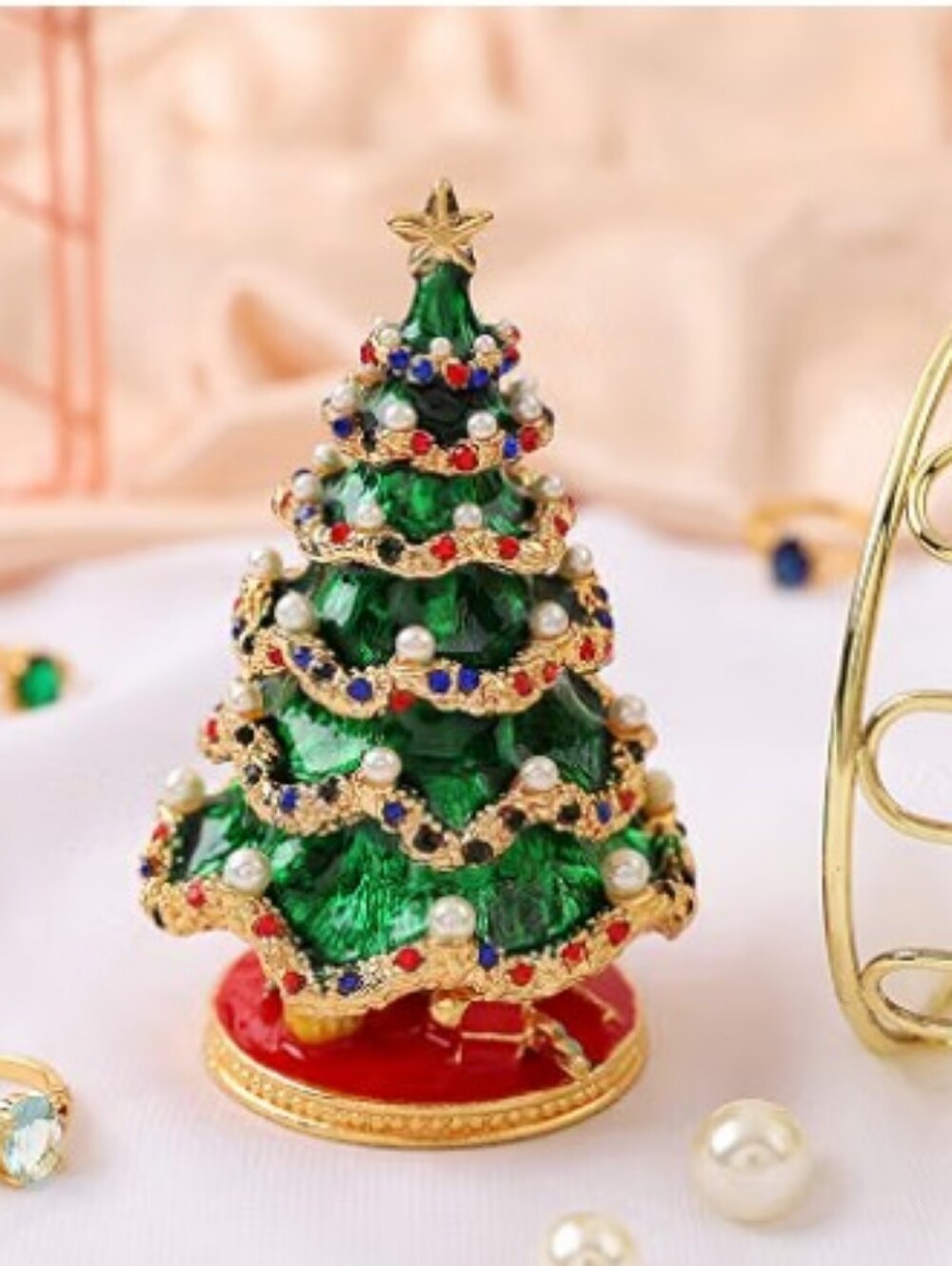 Enameled Christmas Tree Jewelry Hinged Trinket Box 🎄